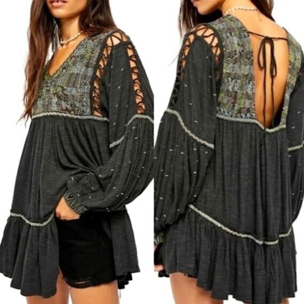 Free People Much Love Embroidery Washed Black Tunic.